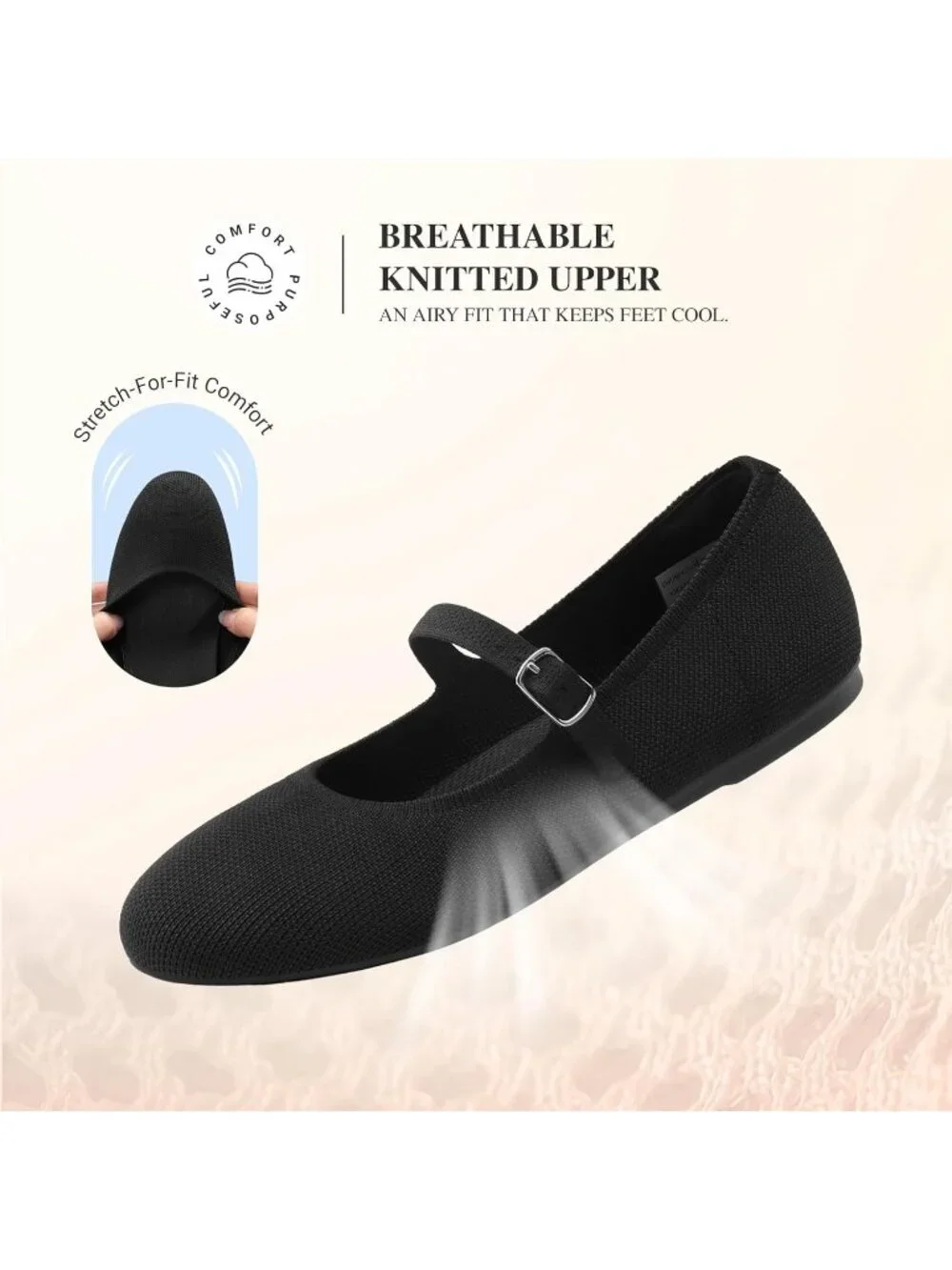 Women's Black Knit Mary Jane Ballet Flat Comfortable For Casual Office Shoes